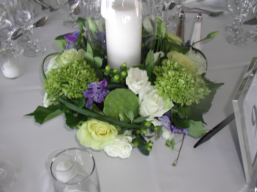Wedding table centerpiece Green hydrangea with white lisianthus green 